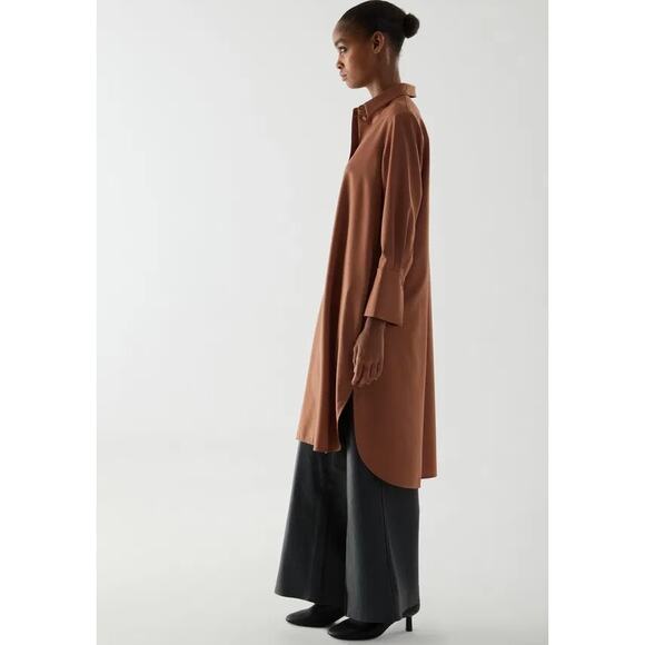 COS Wool Blend A-Line Shirt Dress Rust Brown High-Low Hem Long Sleeve Minimalist - Picture 5 of 16